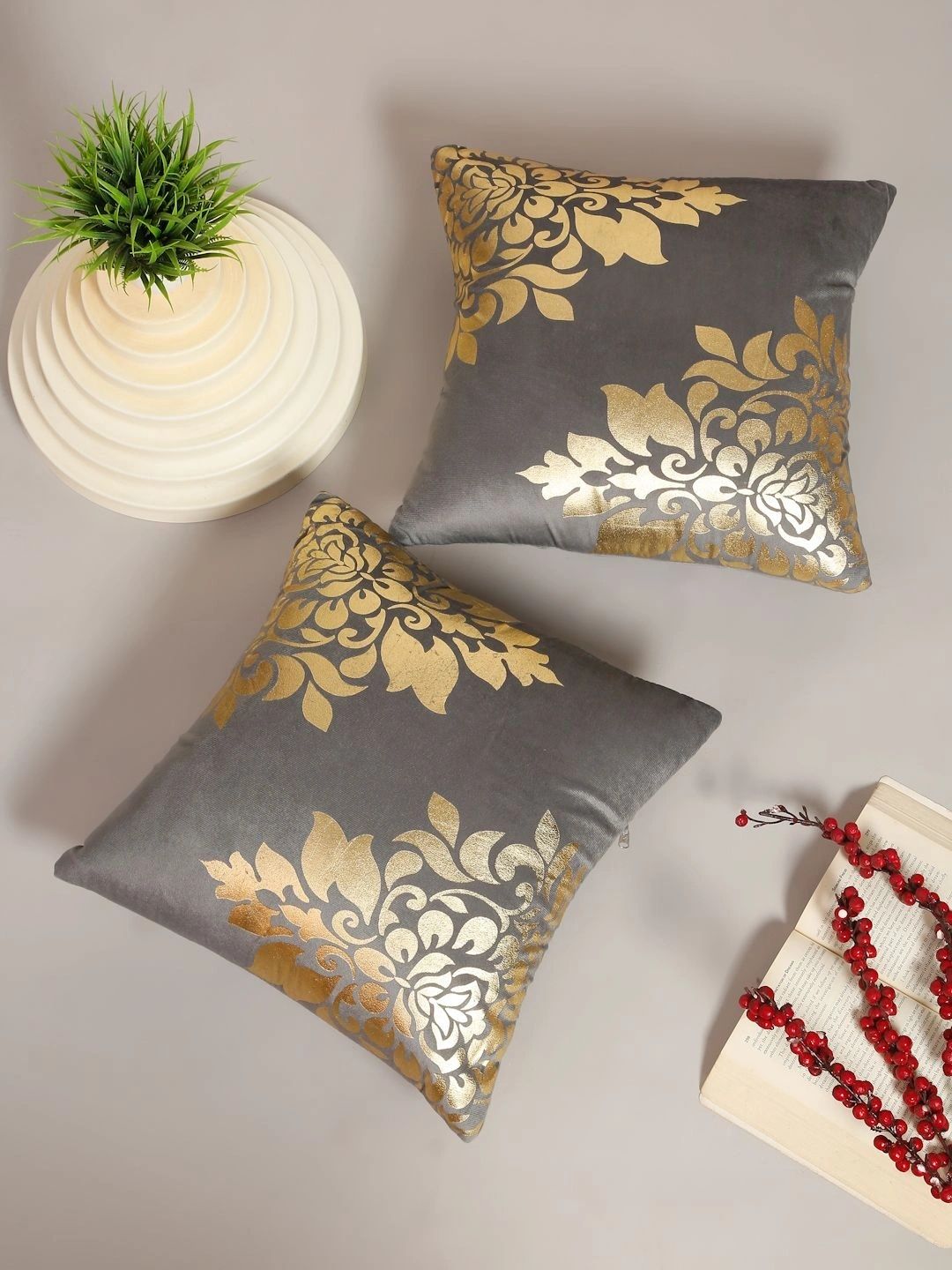 Myntra Elegant Homes Grey Set of 2 Floral Velvet Square Cushion Covers-picture-57