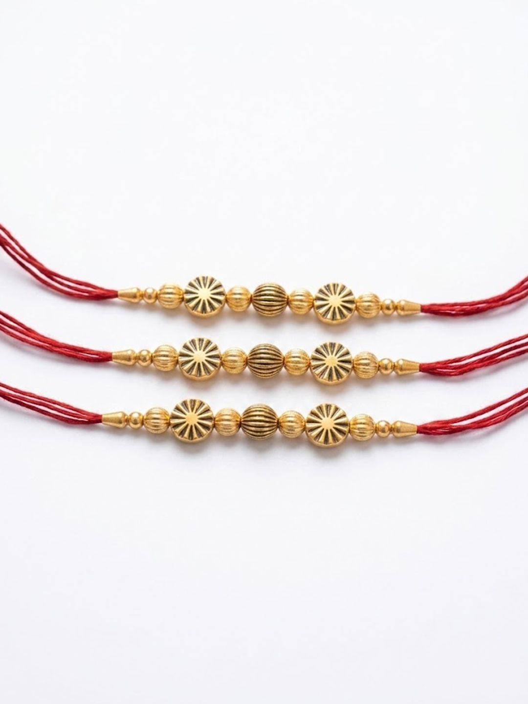 Anouk Set Of 3 Red & Gold Toned Artificial Stones & Beads Thread Rakhi With Roli Chawal-picture-54