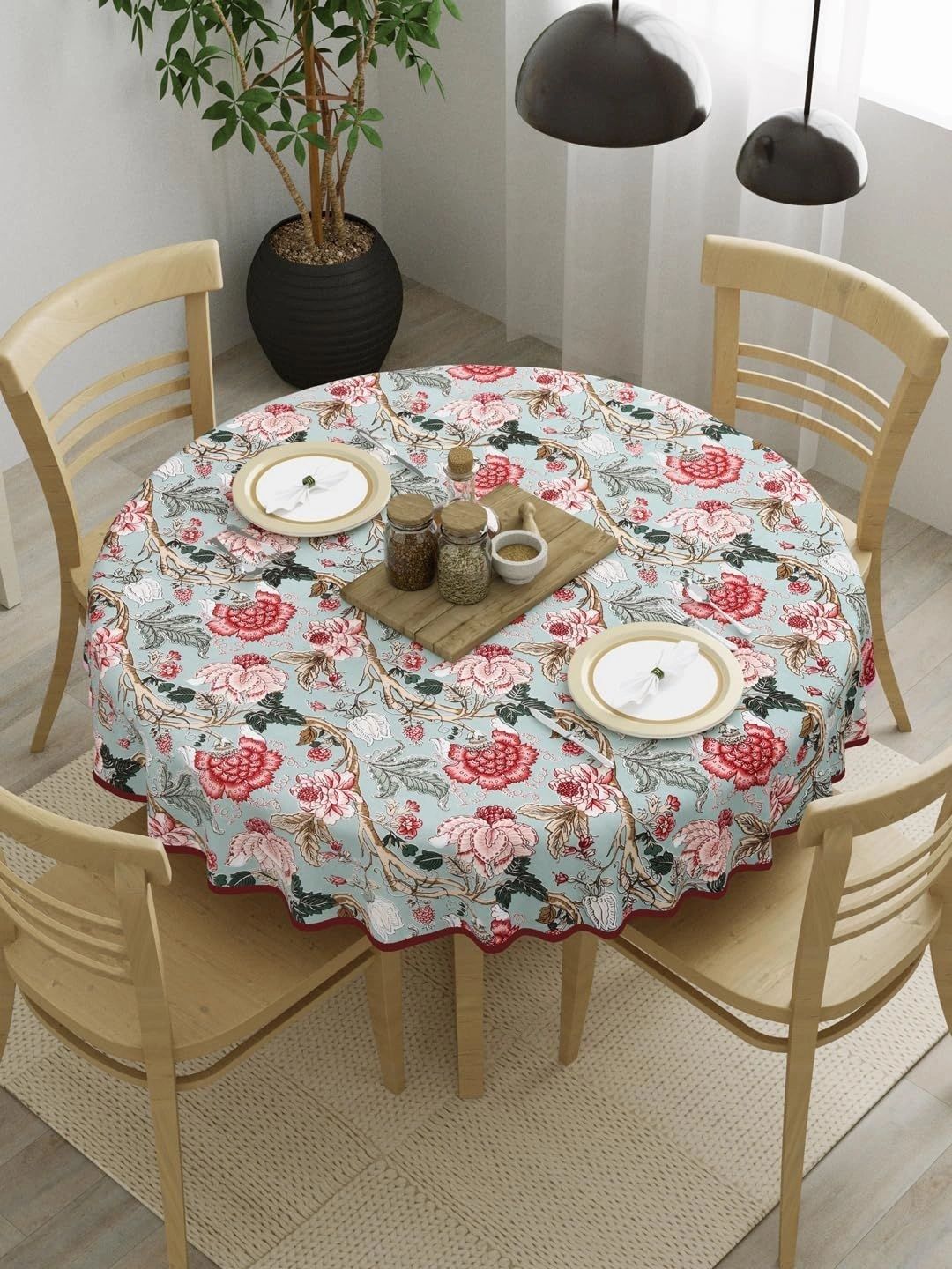 Clasiko Pink Floral Cotton Round 4-Seater Table Cover-image-20