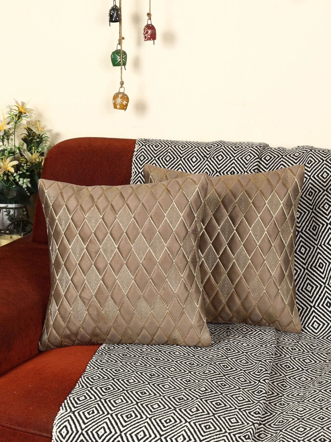 MONKDECOR Brown Set of 2 Geometric Velvet Square Cushion Covers-picture-49