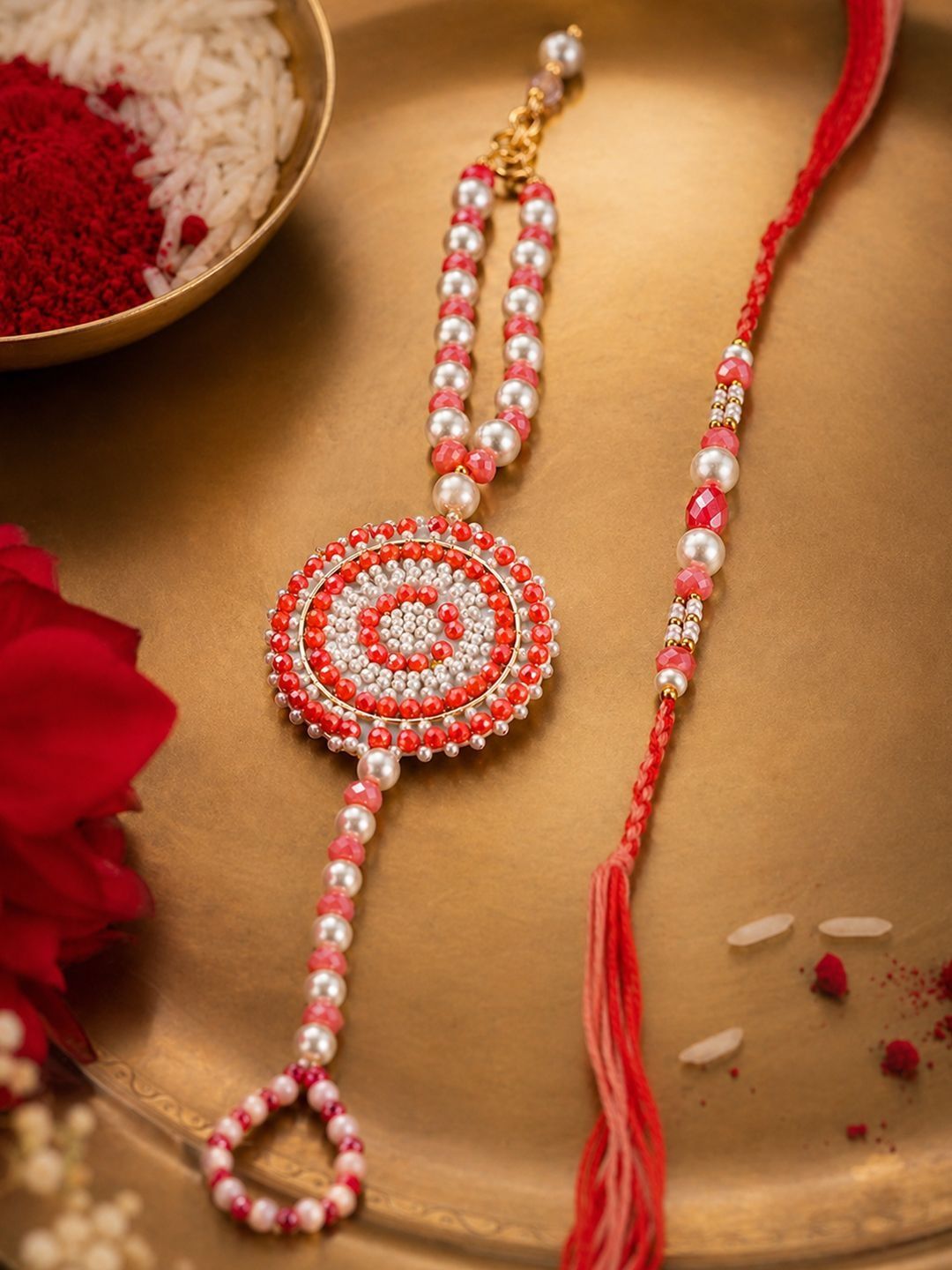 Anouk Set Of 2 Gold Toned Pearls & Beads Round Shape Bhaiya Bhabhi Rakhi With Roli Chawal-picture-21