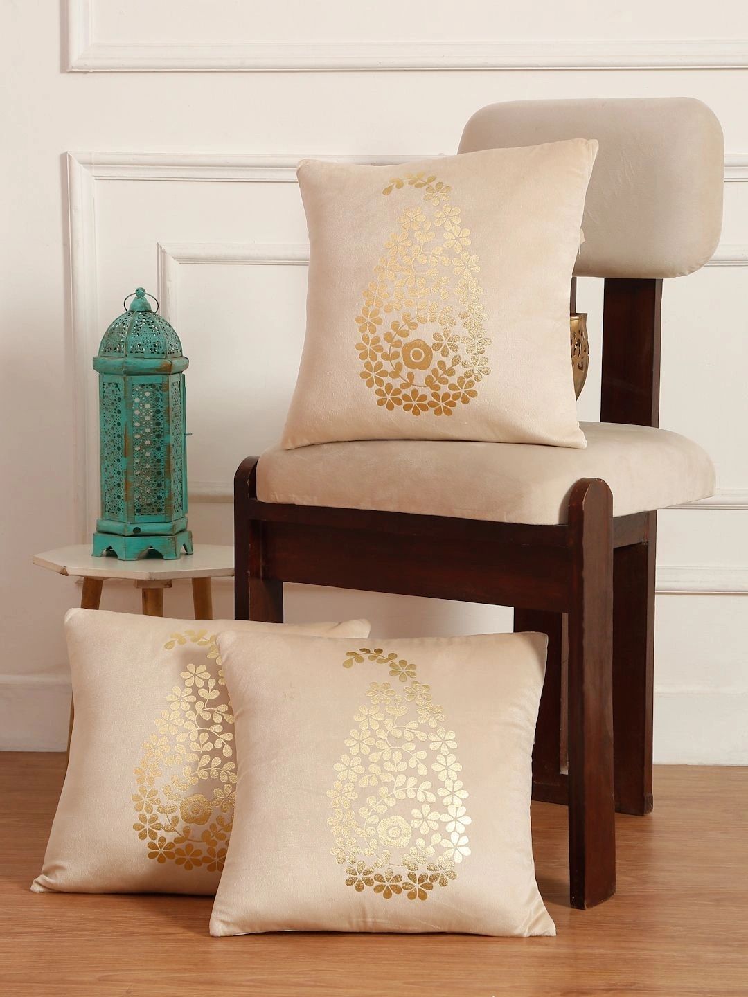 Myntra Elegant Homes Cream-Coloured Set of 3 Velvet Square Cushion Covers-picture-13
