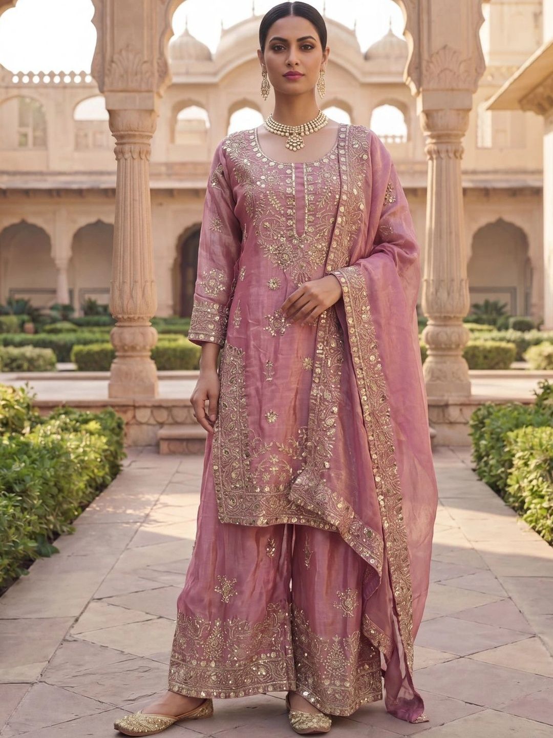 AHANA CREATION Women Ethnic Motifs Embroidered Regular Sequinned Pure Silk Kurta with Palazzos & With Dupatta-image-48