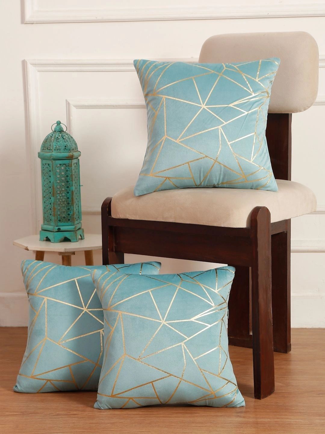 Myntra Elegant Homes Turquoise Blue Set of 3 Geometric Velvet Square Cushion Covers-image-18