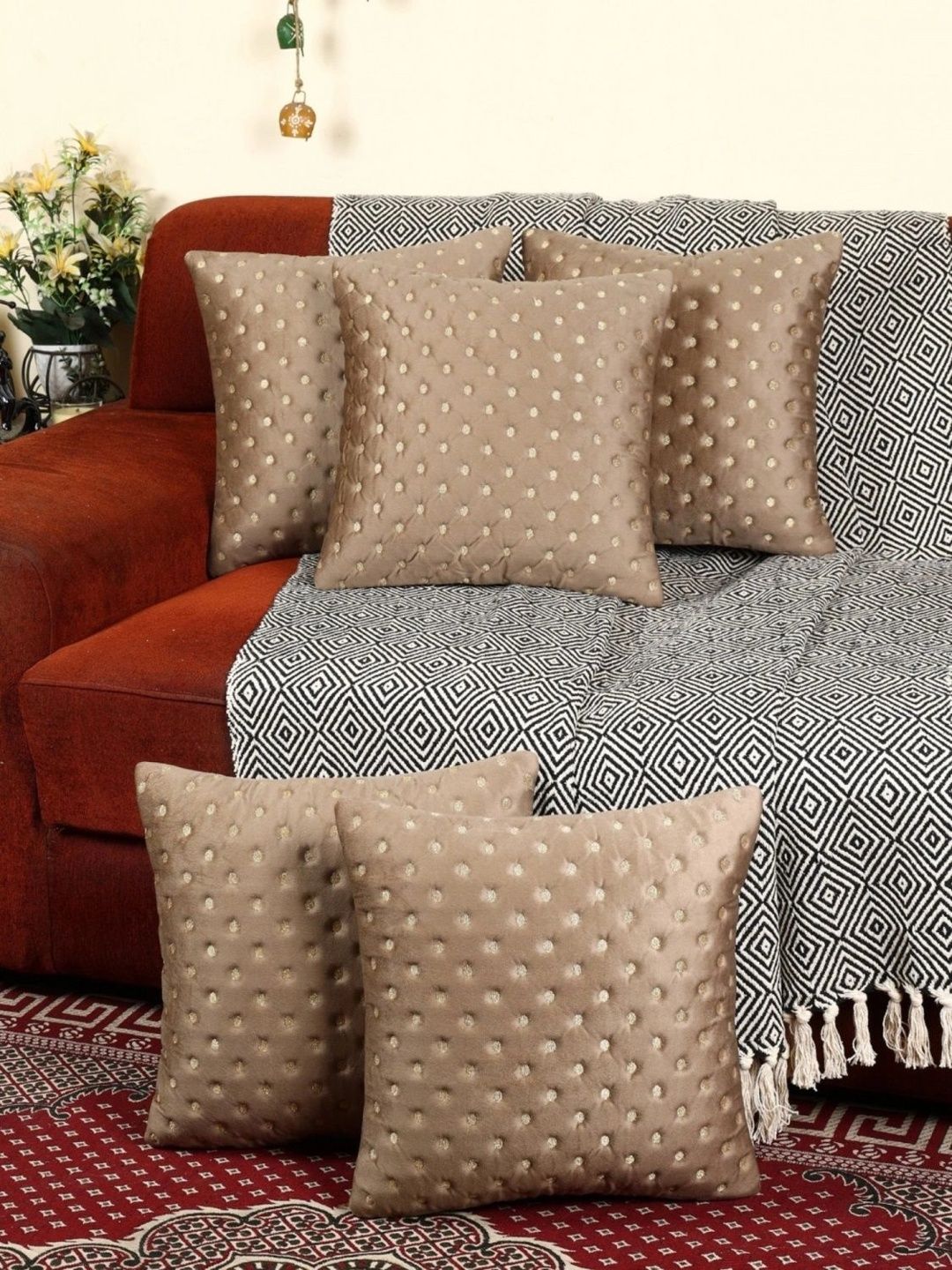 MONKDECOR Brown Set of 5 Velvet Square Cushion Covers-picture-11