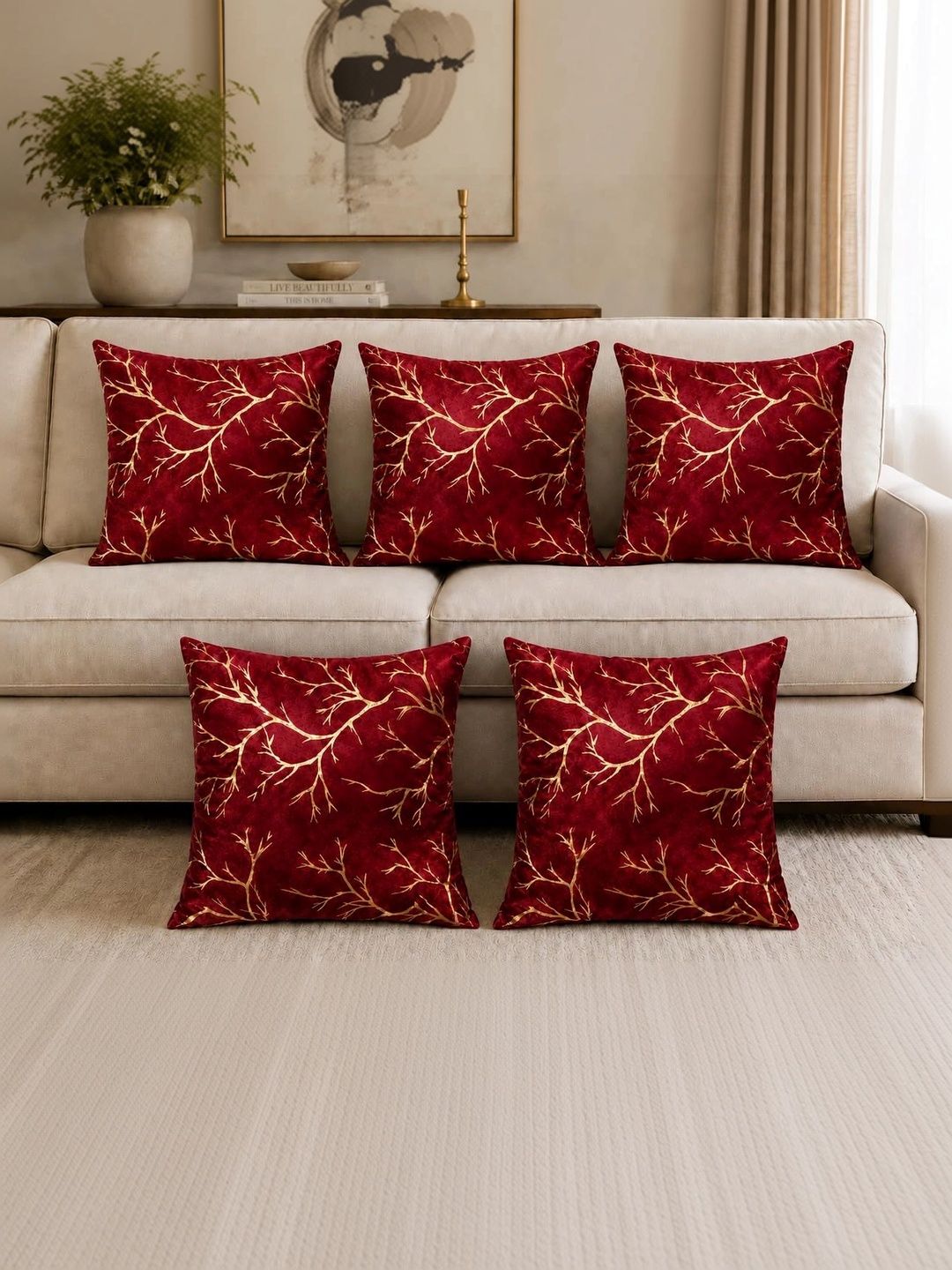 YUKANY Maroon Set of 5 Velvet Blend Square Cushion Covers-picture-13