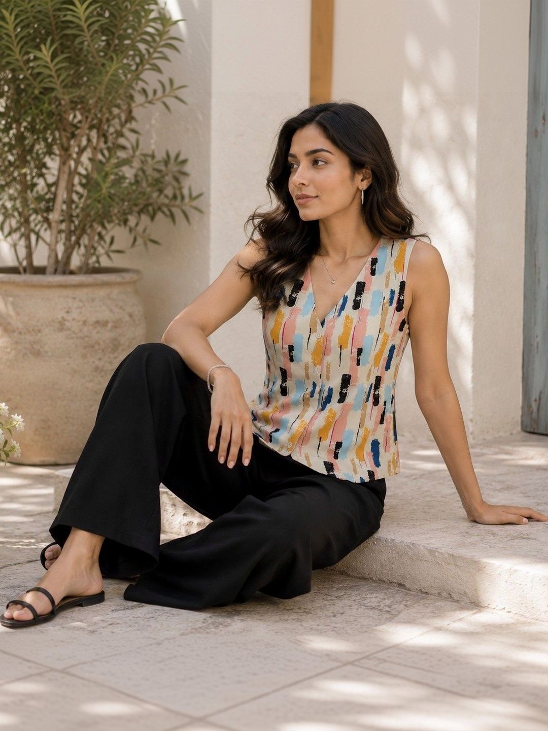 Moda Rapido Woven Printed V Neck Sleeveless Cotton Blend Waist Coat-picture-12