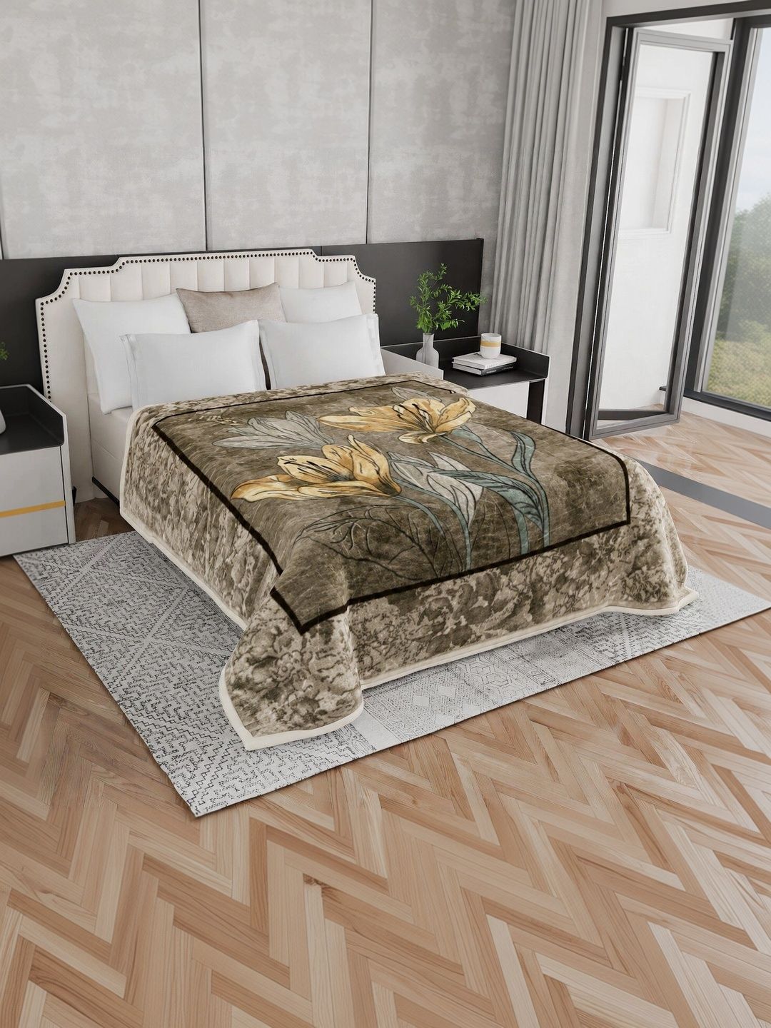Signature Olive Green & Brown Floral Mink Heavy Winter Blanket-image-43