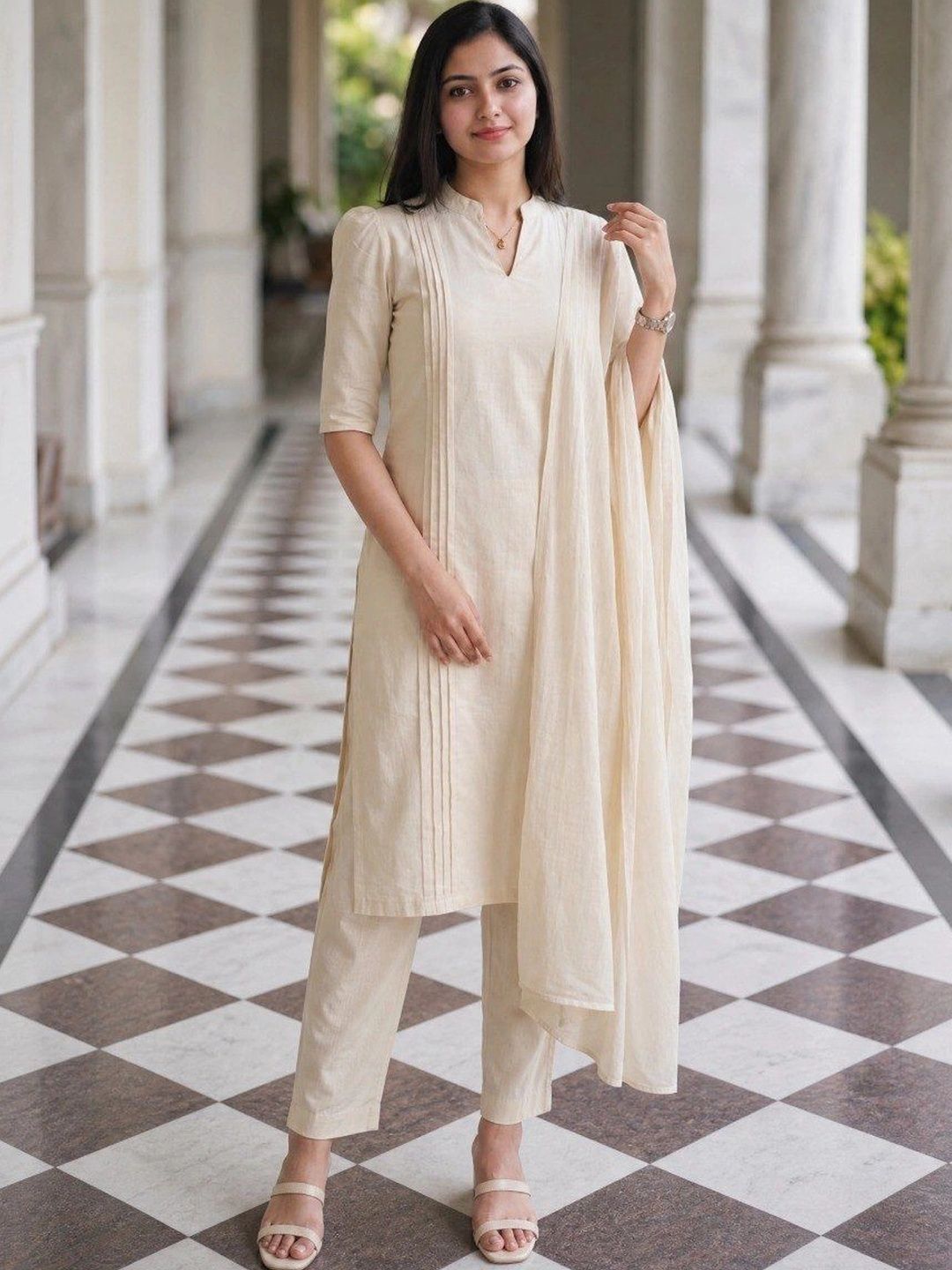 J.KANJI Women Regular Pure Cotton Kurta with Trousers & With Dupatta-image-18