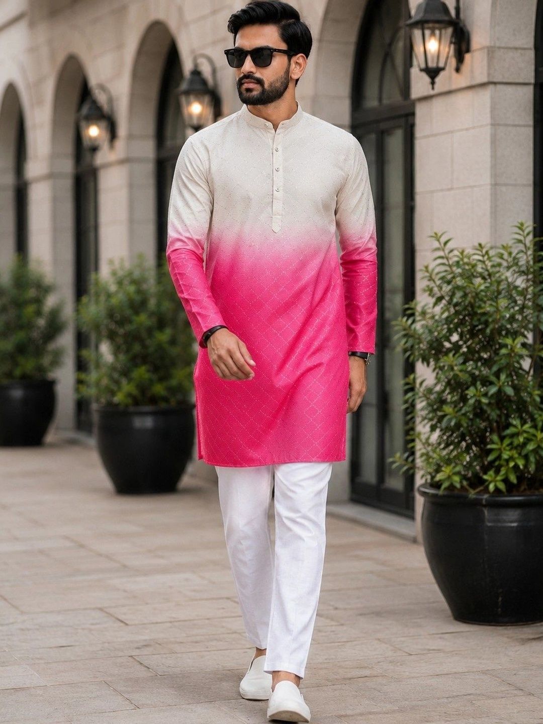SKYWORRIX Men Ombre Dyed Regular Kurta with Trousers-picture-21