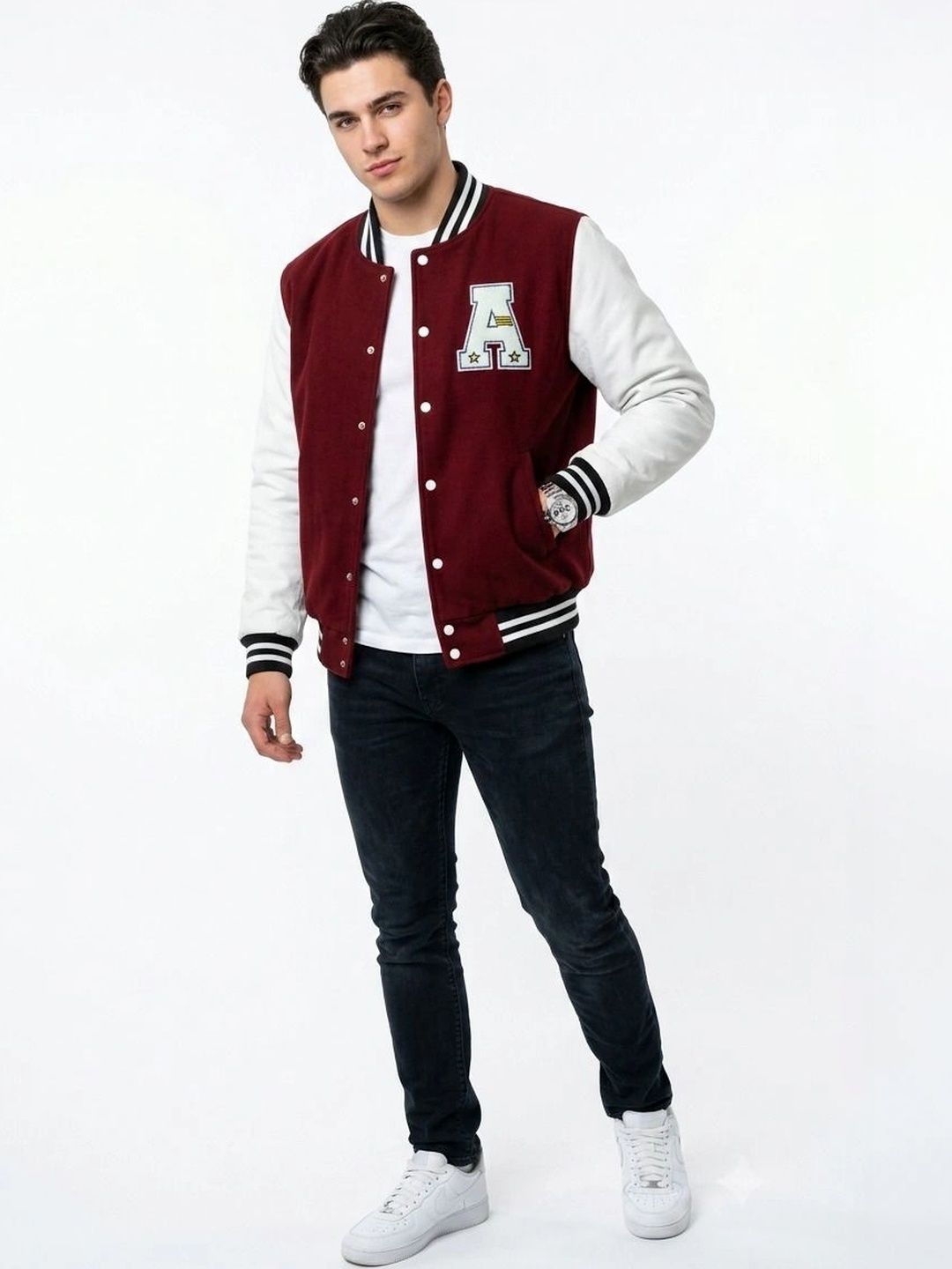 oiin Men Brand Logo Colourblocked Fleece Blend Varsity Jacket-picture-27
