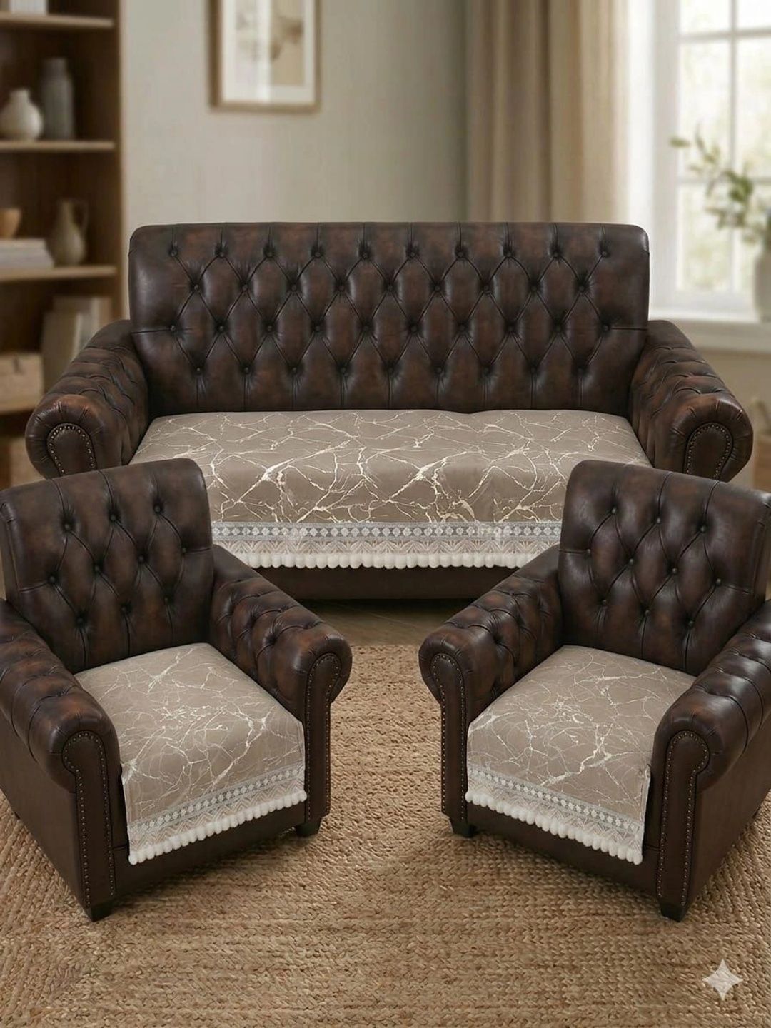KANUM Cream-Coloured Printed Viscose Rayon Blend 5 Piece Sofa Cover Without Arms-image-48