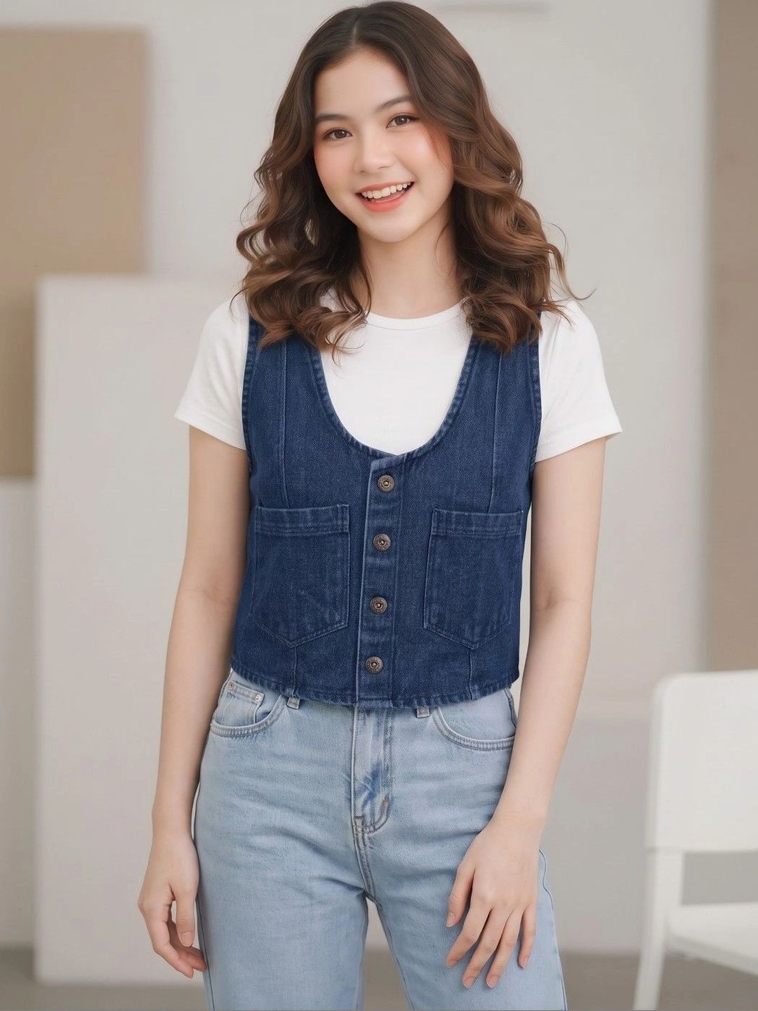 TEKIN CREATIONS Scoop Neck Denim Casual Waistcoat-picture-47