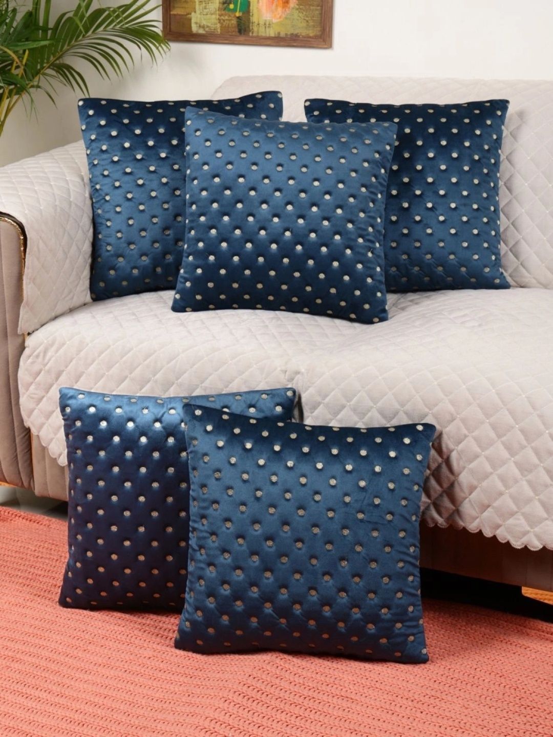 MONKDECOR Blue Set of 5 Velvet Square Cushion Covers-picture-24