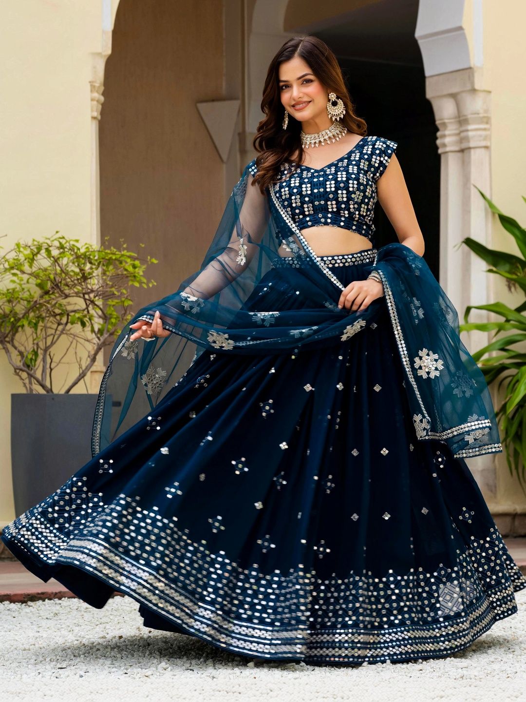 Poshak Bazaar Embellished Mirror Work Semi-Stitched Lehenga & Unstitched Blouse With Dupatta-image-36