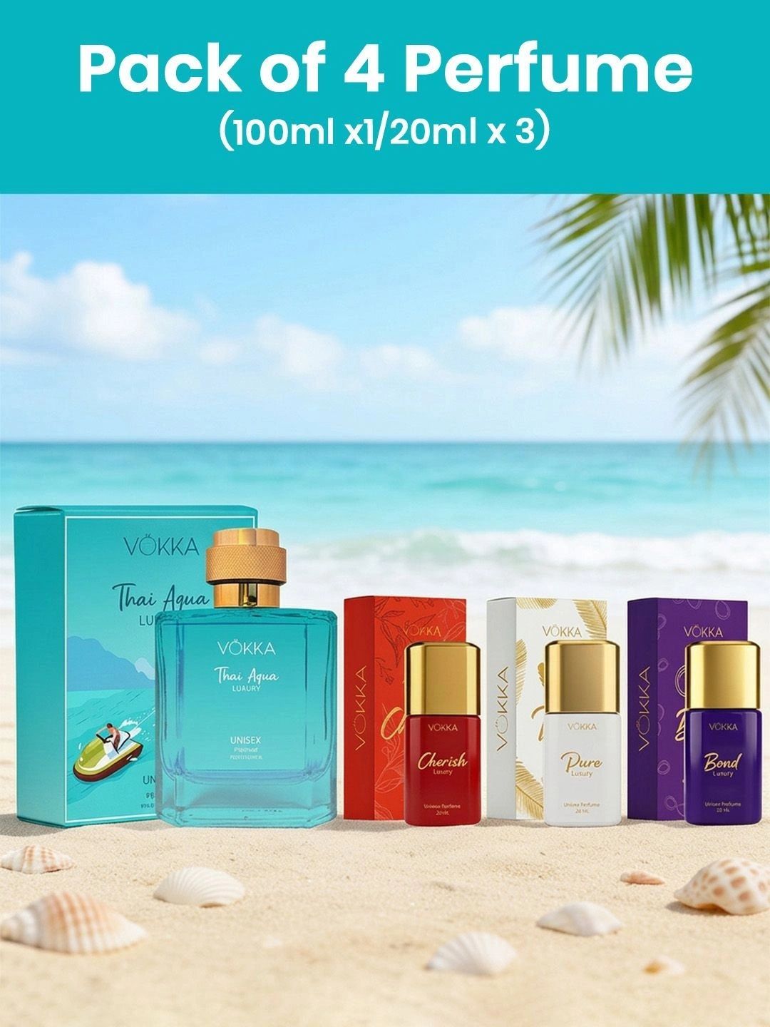 VOKKA Set Of 4 Thai Aqua Perfume - 100 ml With Pure, Cherish & Bond Perfume 20 ml Each-image-7