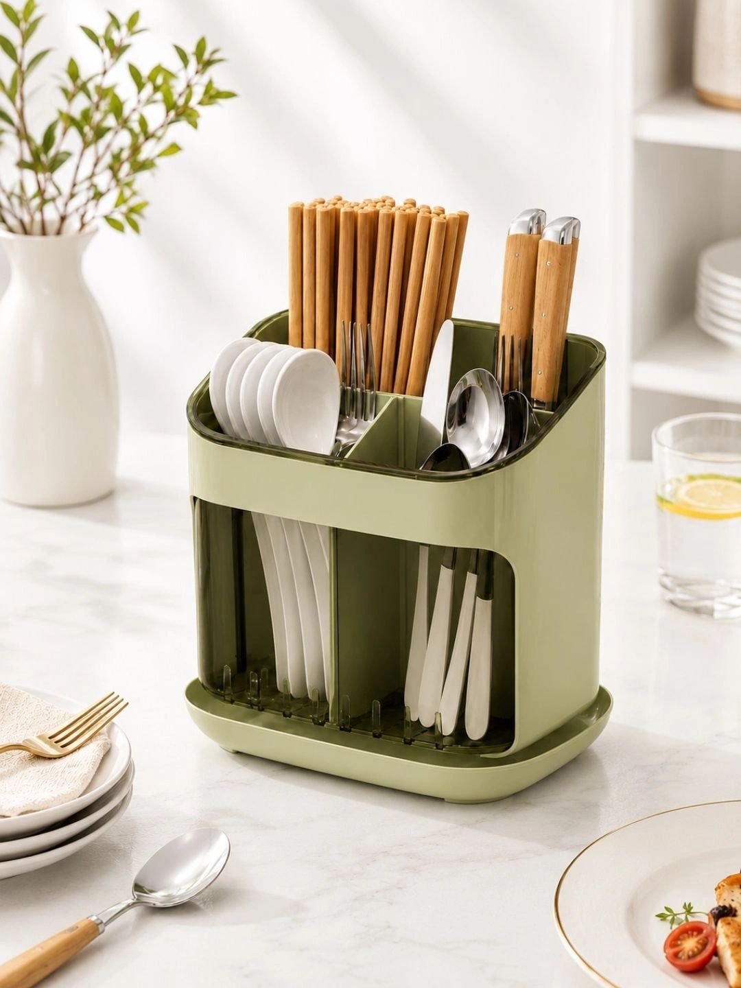 KitchEase Green Plastic Cutlery Holder-picture-43