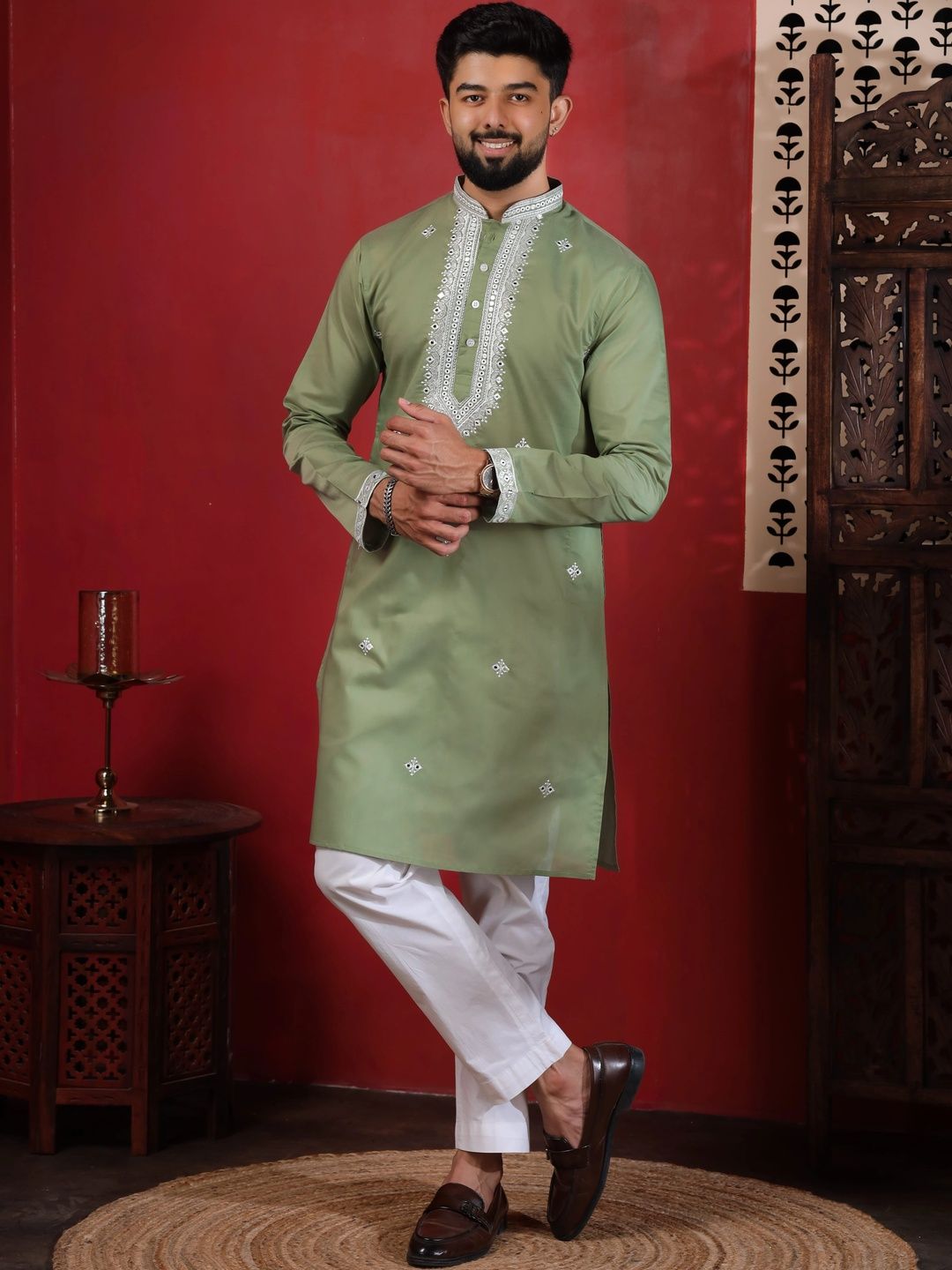 Koshin Men Ethnic Motifs Embroidered Regular Mirror Work Pure Cotton Kurta with Pyjamas-picture-33