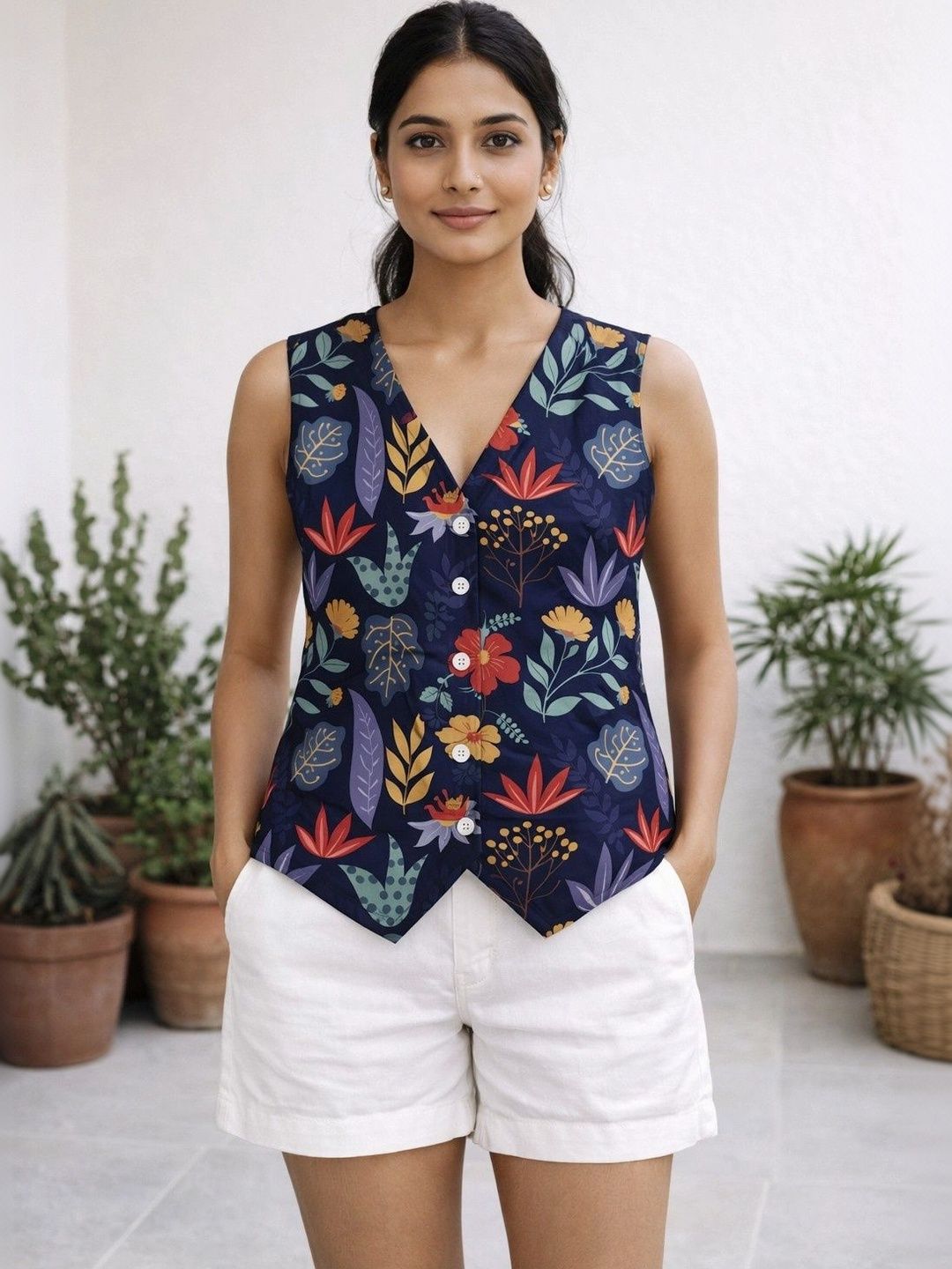 Moda Rapido Floral Printed V Neck Sleeveless Cotton Blend Waist Coat-picture-27