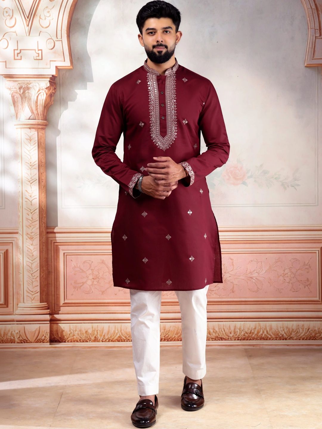 Koshin Men Ethnic Motifs Embroidered Regular Thread Work Pure Cotton Kurta with Trousers-picture-29