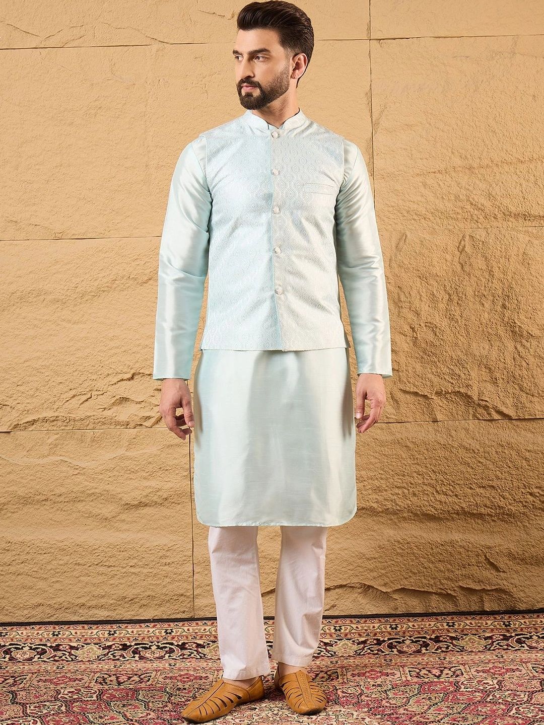 House of Pataudi Woven Design Woven Nehru Jackets-image-43