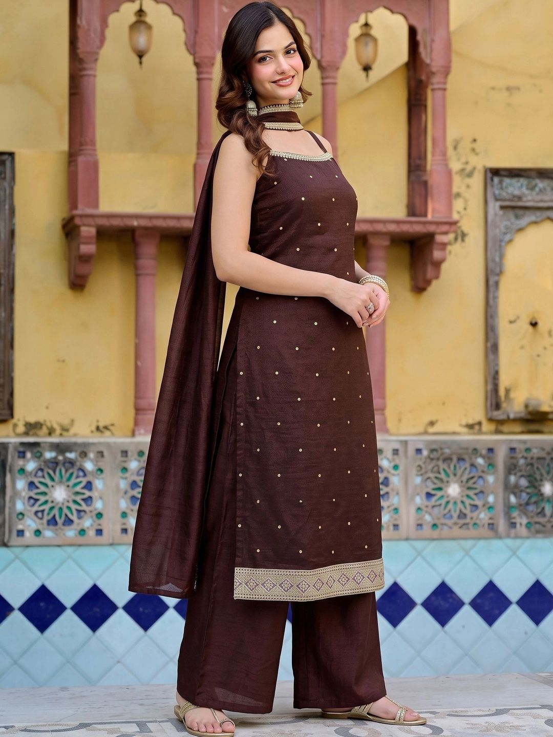 TextileNow Women Ethnic Motifs Embroidered Regular Thread Work Kurta with Palazzos & With Dupatta-picture-46