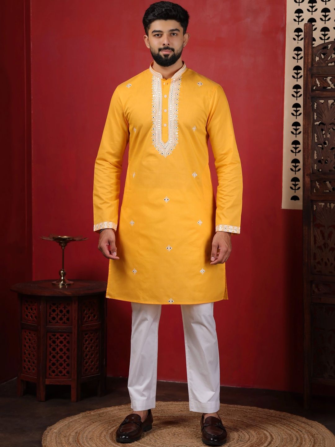 Koshin Men Regular Mirror Work Pure Cotton Kurta with Trousers-picture-34