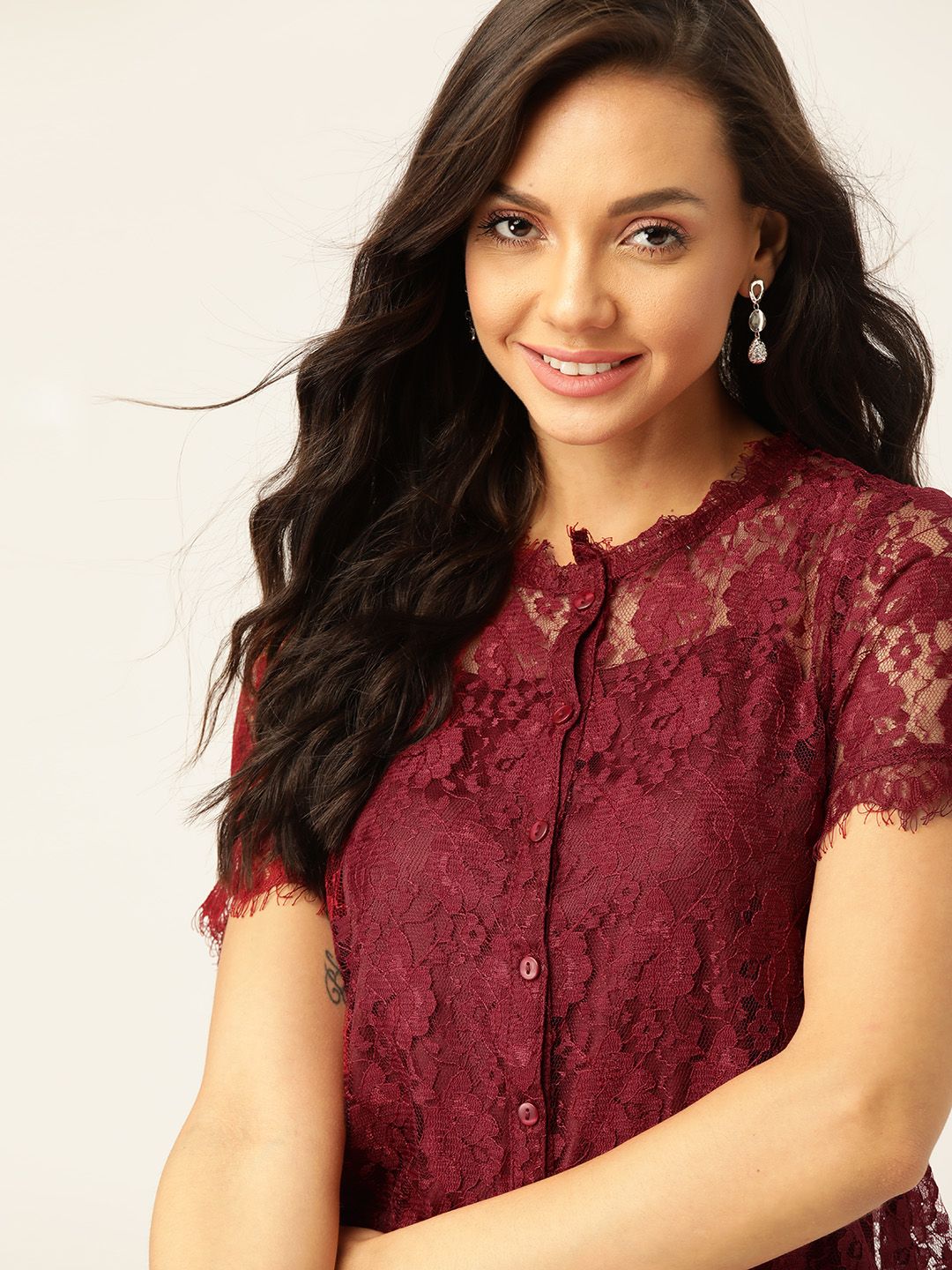 DressBerry Maroon Self Design Lace Top With Slip