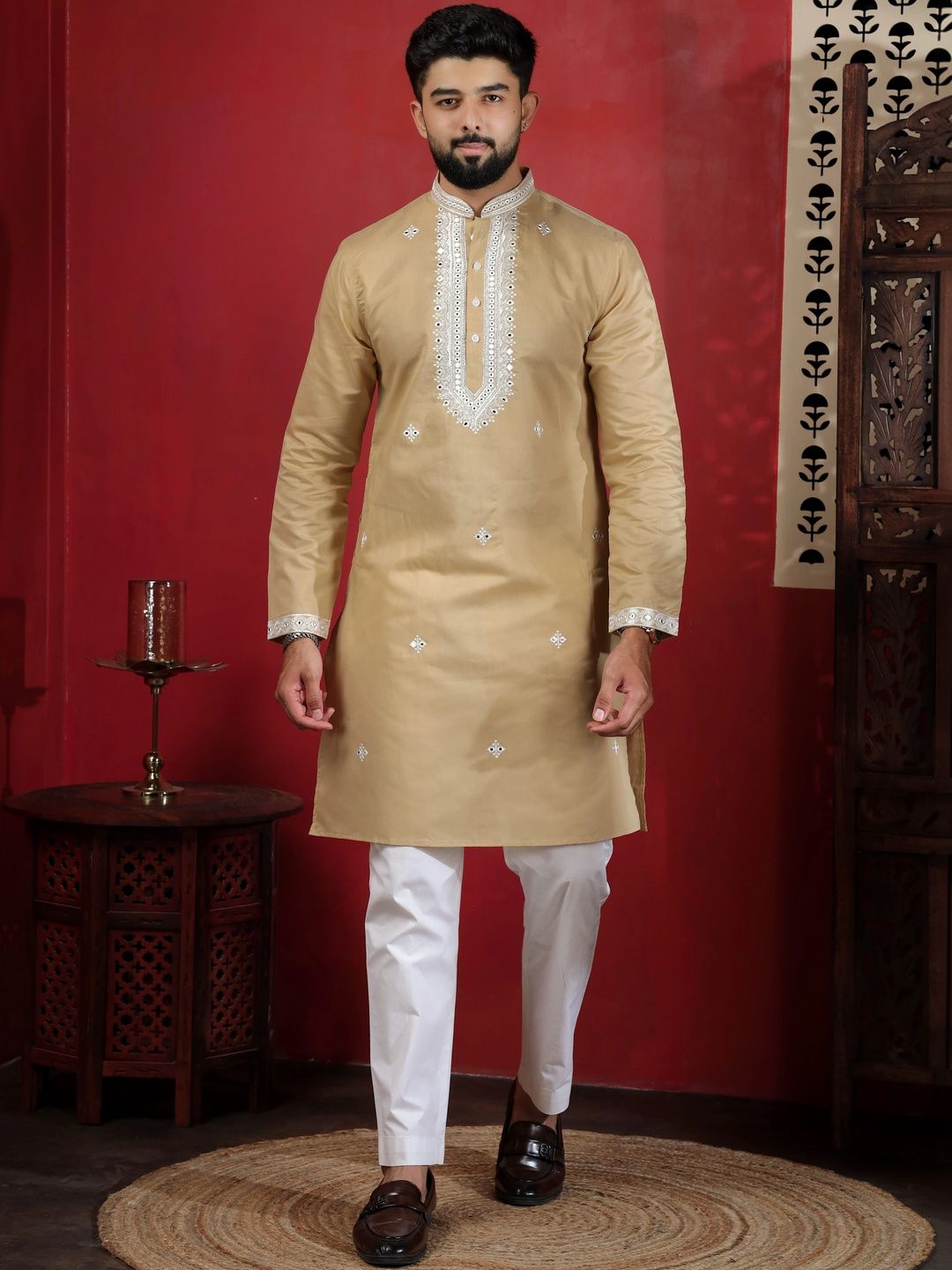 Koshin Men Ethnic Motifs Embroidered Regular Mirror Work Pure Cotton Kurta with Trousers-picture-19