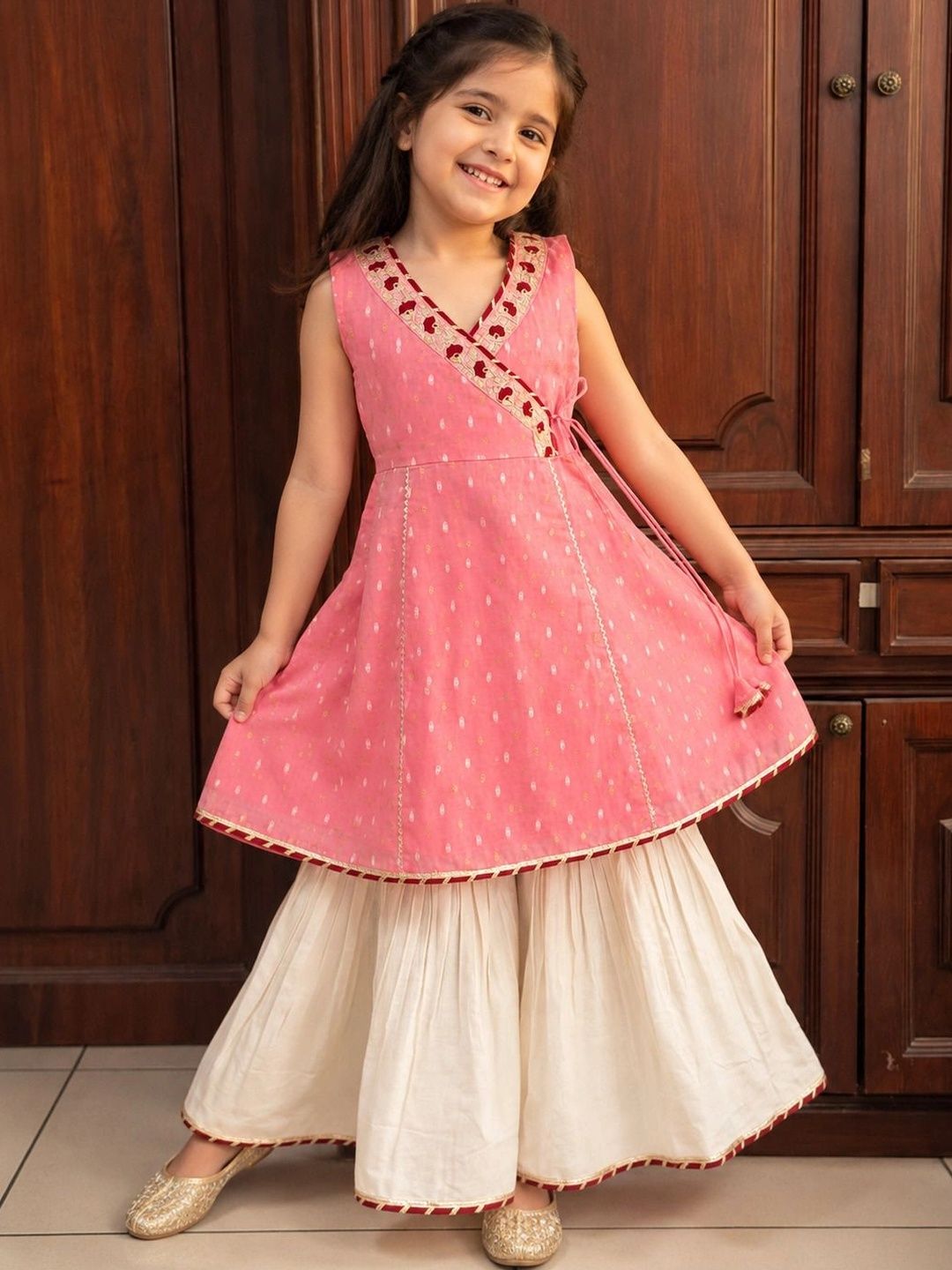 Bitiya by Bhama Girls Ethnic Motifs Printed Angrakha Chanderi Cotton Kurta with Sharara-picture-26