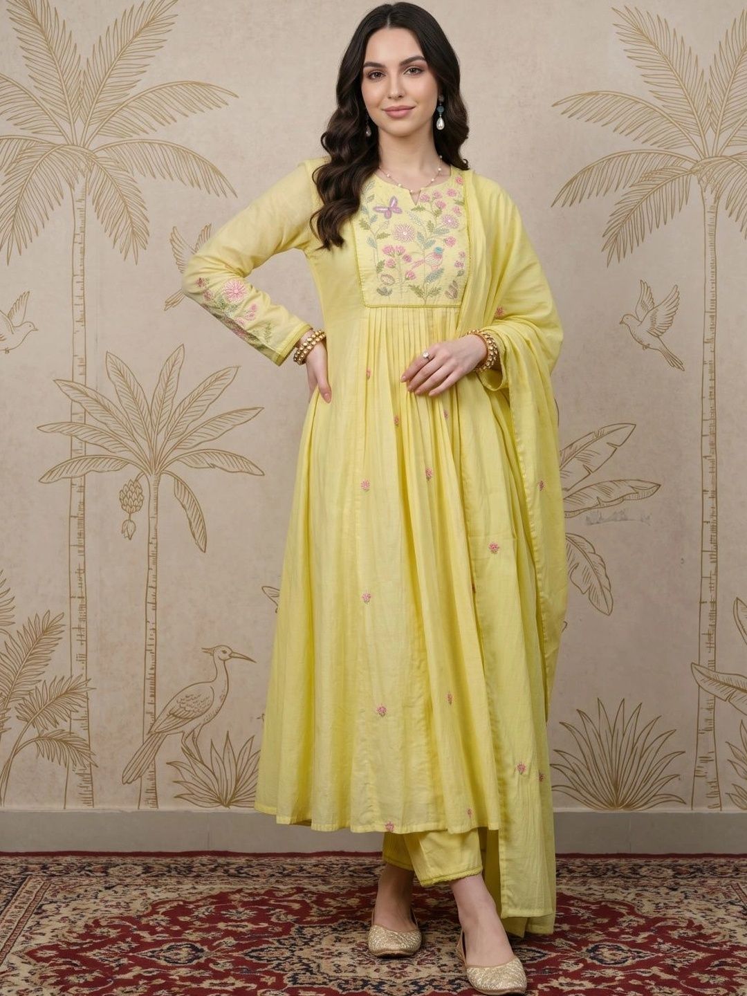 Sangria Women Floral Embroidered Empire Thread Work Pure Silk Kurta with Trousers & With Dupatta-picture-38