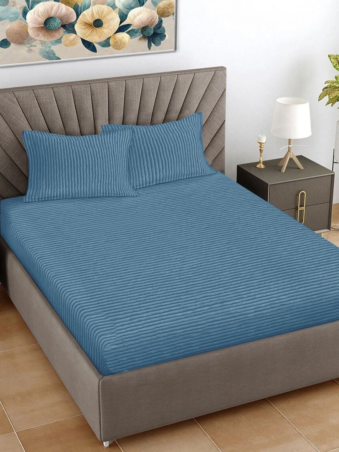 FABINALIV Blue Striped 300 TC King Bedsheet with 2 Pillow Covers-image-42