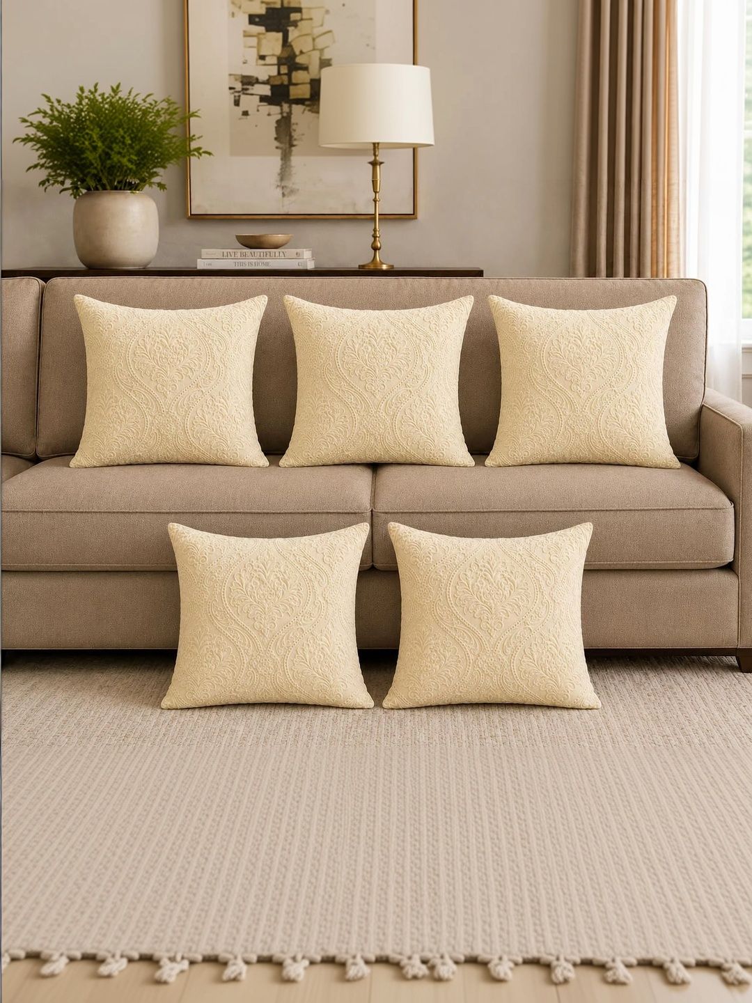 YUKANY Cream-Coloured Set of 5 Velvet Blend Square Cushion Covers-picture-28