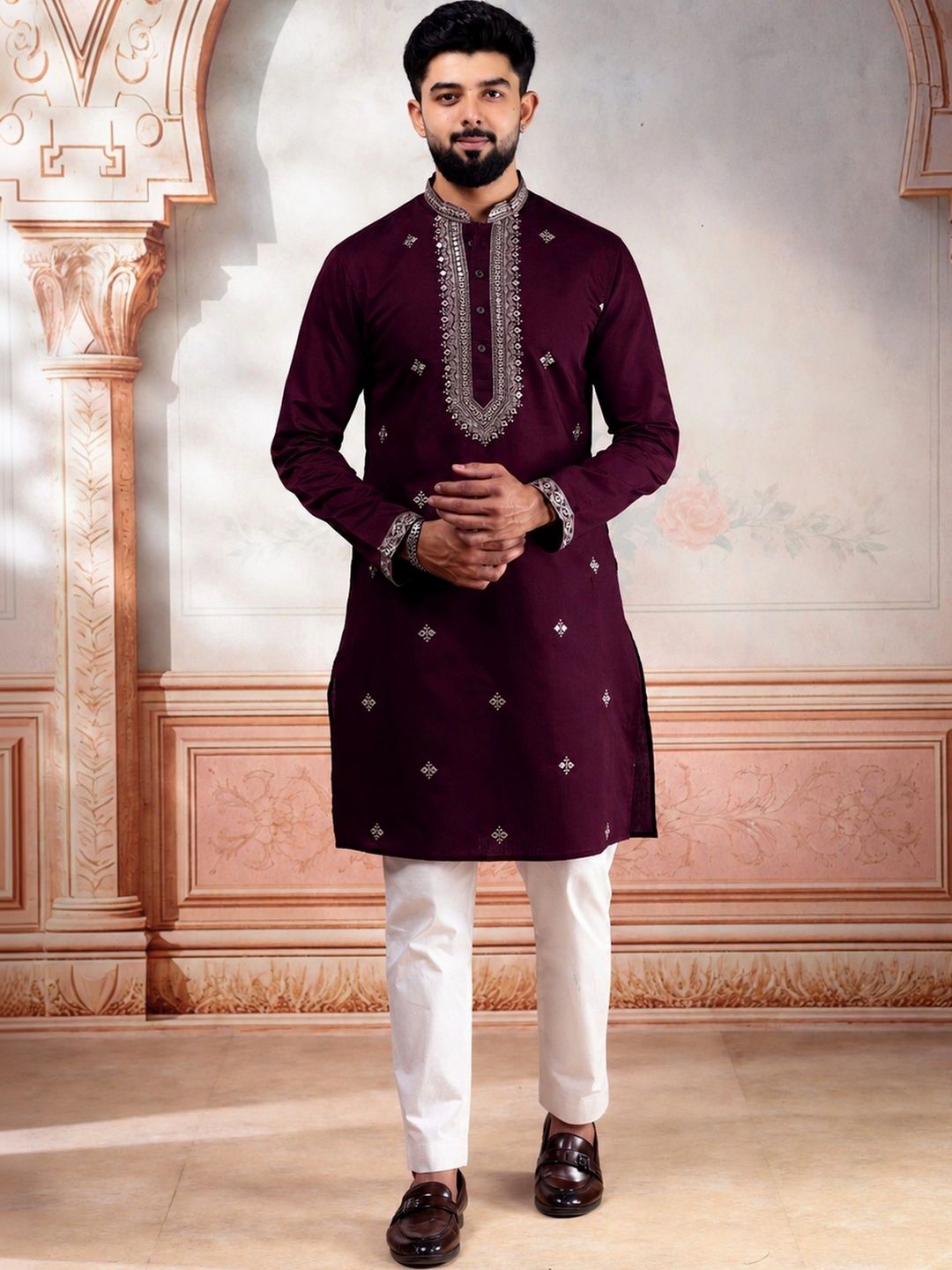 Koshin Men Ethnic Motifs Embroidered Regular Mirror Work Pure Cotton Kurta with Pyjamas-picture-23
