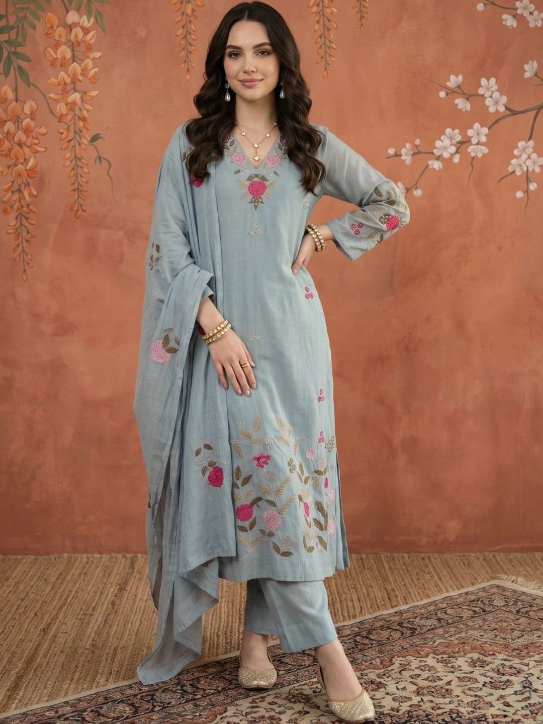 Sangria Women Floral Embroidered Regular Thread Work Pure Silk Kurta with Trousers & With Dupatta-picture-19