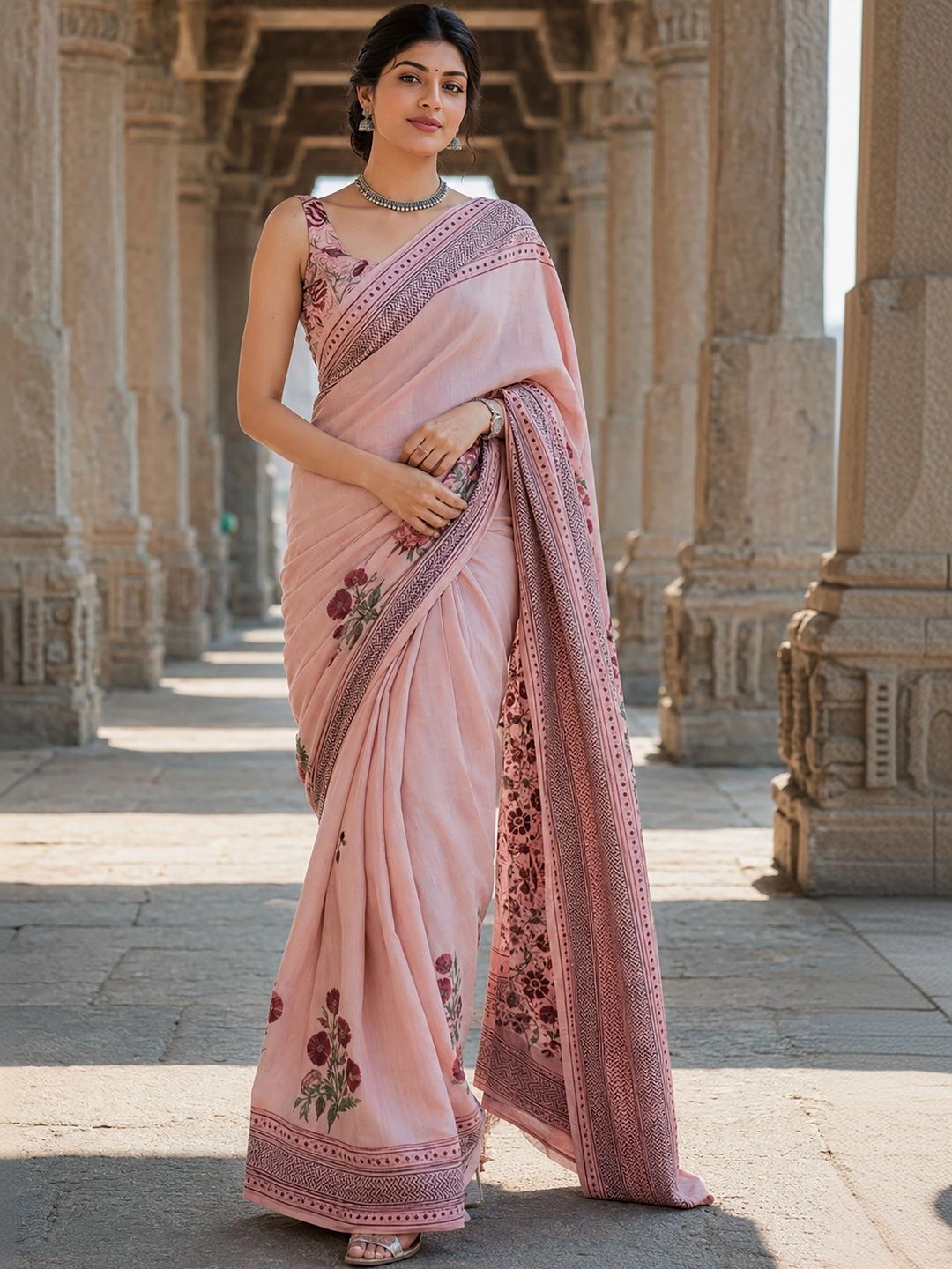 Mitera Floral Linen Blend Designer Block Print Saree-picture-57