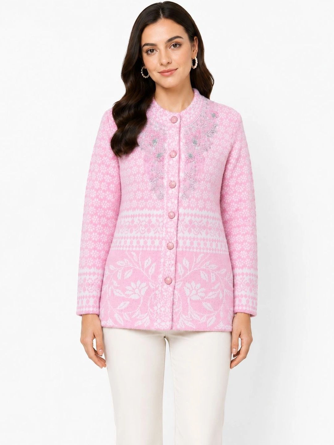 HIMYUG Women Floral Printed Woollen Cardigan with Embroidered Detail-picture-17