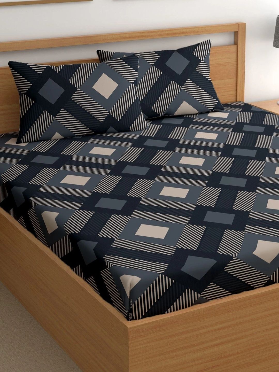 Aura Blue & Navy Blue 180 TC King Bedsheet with 2 Pillow Covers-picture-12