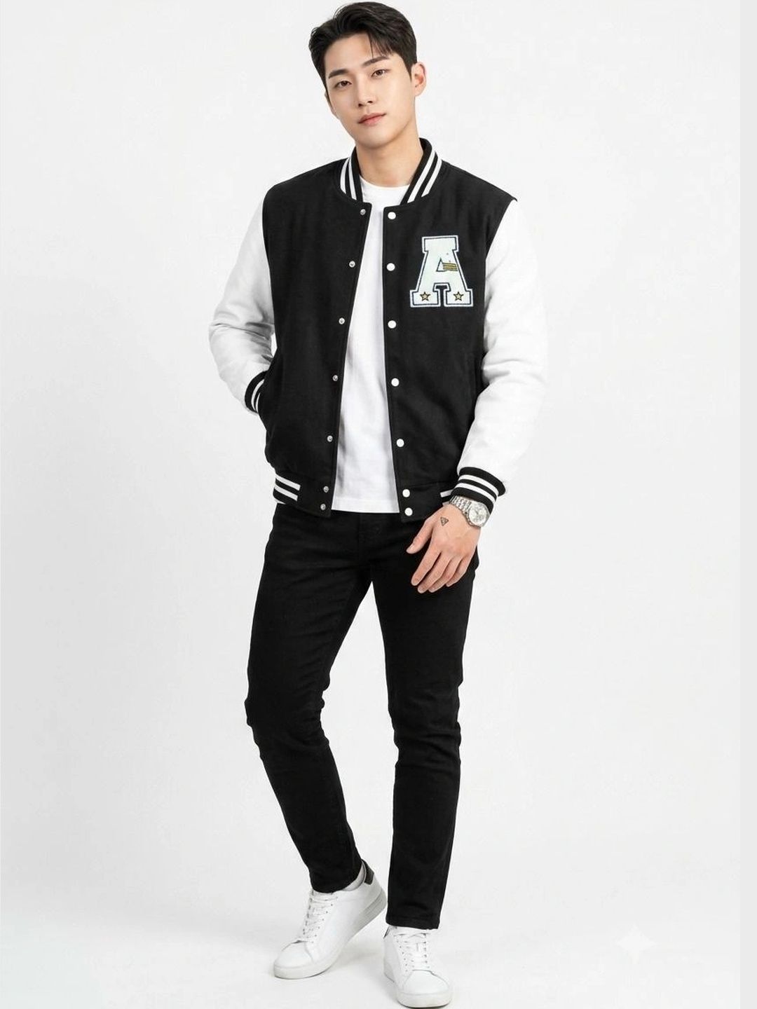 oiin Men Colourblocked Fleece Blend Varsity Jacket-picture-16