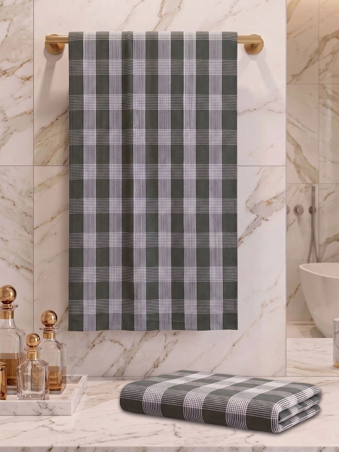 Athom Living Olive Green & White 2 Striped Cotton 225 GSM Bath Towel-image-10