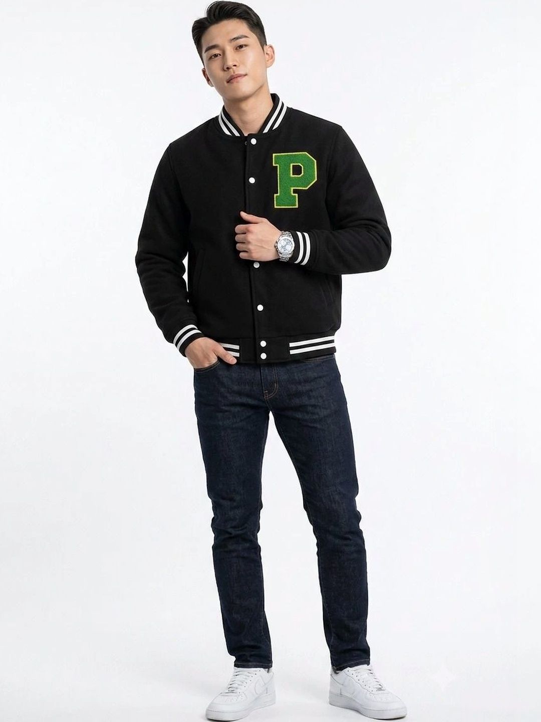 oiin Men Brand Logo Colourblocked Fleece Blend Varsity Jacket-picture-26