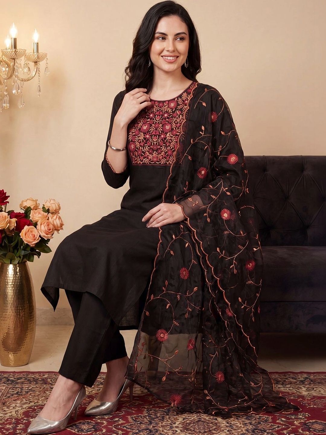 Indo Era Women Ethnic Motifs Embroidered Regular Thread Work Kurta with Trousers & With Dupatta-picture-25