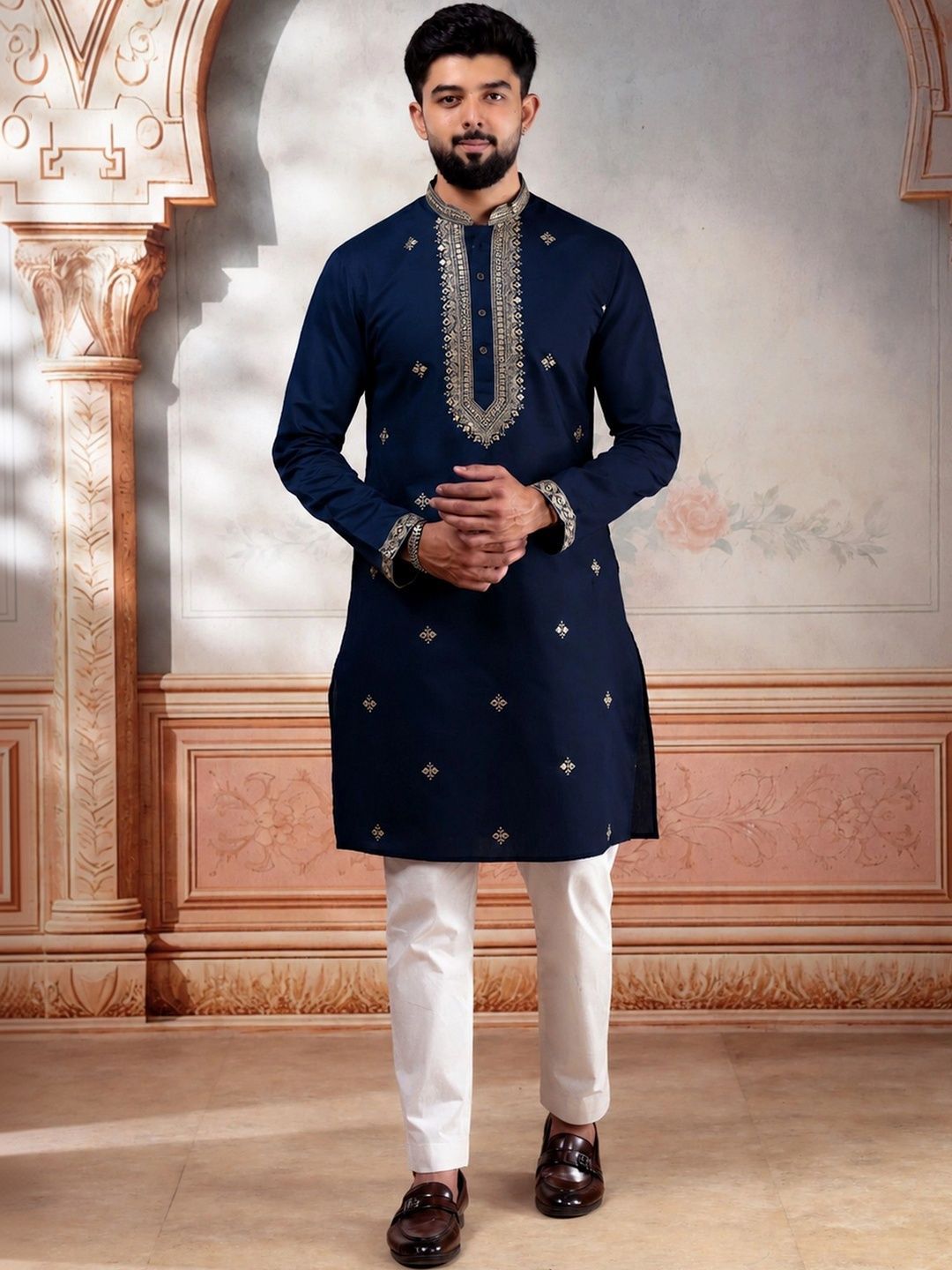 Koshin Men Ethnic Motifs Embroidered Regular Pure Cotton Kurta with Pyjamas-picture-27