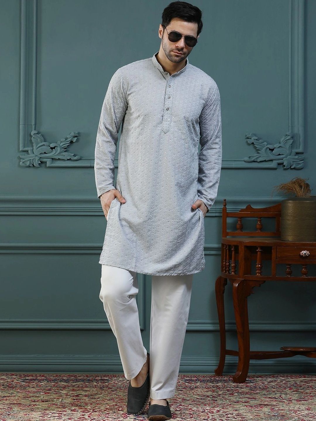 ALMORA Men Embellished Sequinned Handloom Kurta-picture-15