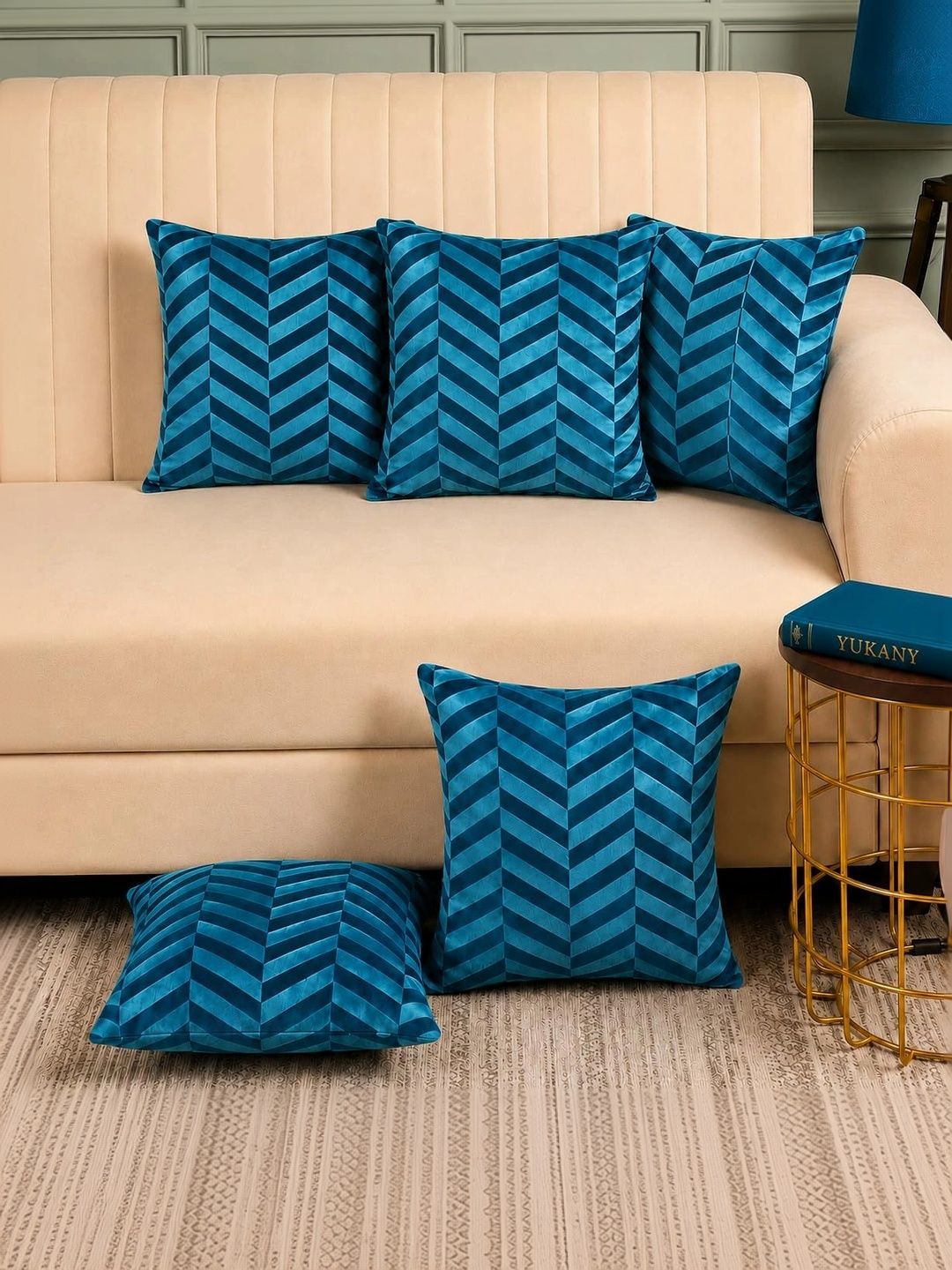 YUKANY Blue Set of 5 Velvet Blend Square Cushion Covers-picture-39