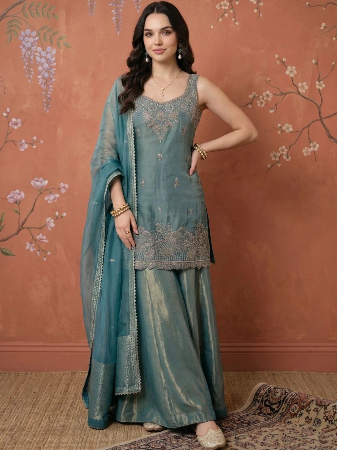 Sangria Women Ethnic Motifs Embroidered Regular Thread Work Kurta with Sharara & With Dupatta-picture-23
