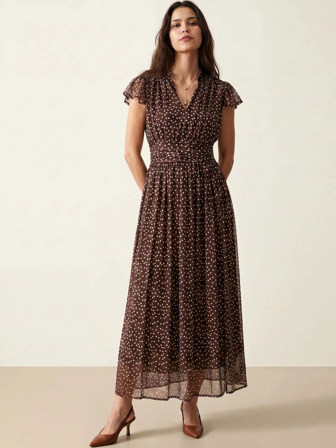 BLUE PIEGEON Polka Dot Print Flutter Sleeve A-Line Midi Dress-image-23