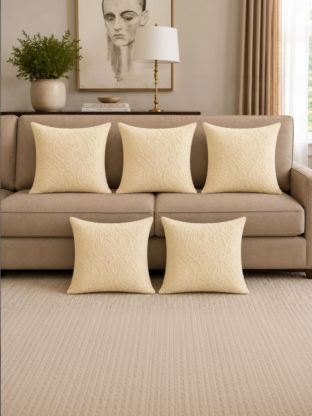 YUKANY Cream-Coloured Set of 5 Velvet Blend Square Cushion Covers-picture-34