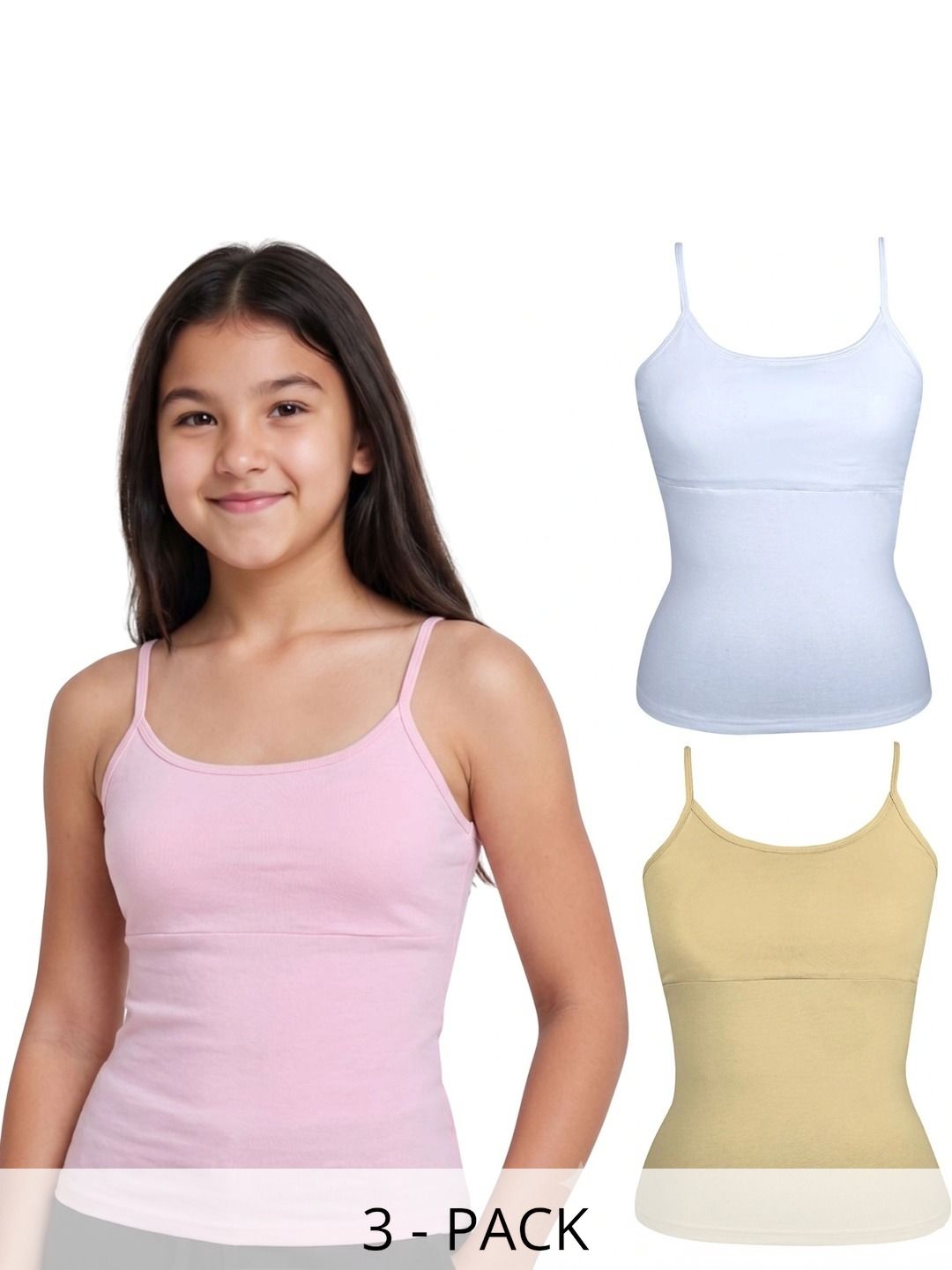 DChica Girls Pack Of 3 Cotton Lightly Padded Camisoles-picture-10
