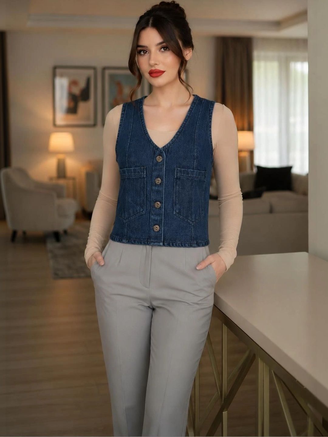 TEKIN CREATIONS V-Neck Denim Casual Waistcoat-picture-38